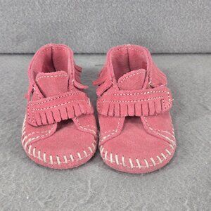 Minnetonka Pink Moccasin Fringe Booties, Infant Girls, Leather, Size 1